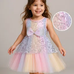 Babyhug Woven Sleeveless Sequinned Layered Dress With Bow Applique - Pink-picture-24
