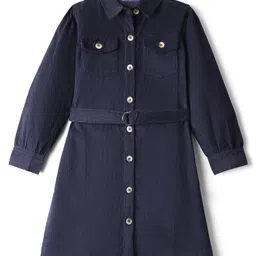 Pine Kids Corduroy Woven Full Sleeves Solid Color Shirt Dress with Belt - Navy Blue image 1