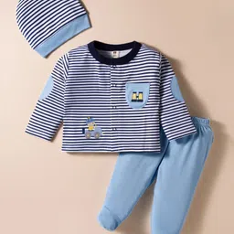 ToffyHouse Cotton Knit Full Sleeves Front Open Striped T-Shirt & Footed Lounge Pant Set with Cap & Vehicle Embroidery - Navy Blue & White-image-17