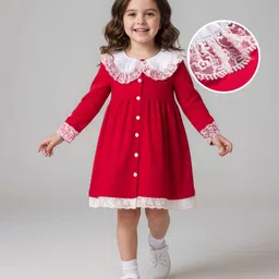 Mark & Mia Cotton Knit Full Sleeves Peter Pan Collar Frock with Lace Detailing - Red-picture-37