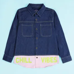Kiddopanti Denim Woven Full Sleevess Chill Vibes Text Printed Shirt - Dark Blue-image-91