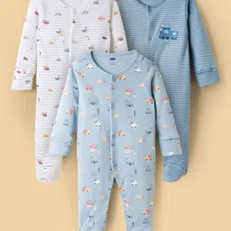 Simply Interlock Knit Full Sleeves Footed Sleepsuit With Vehicle Print Pack Of 3 - Blue Light Blue & White-picture-18