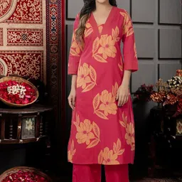 Indo Era Women Floral Printed Regular Pure Cotton Kurta with Trousers-picture-18