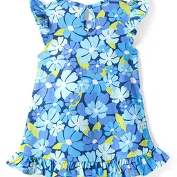 Babyhug Cotton Knit Frill Sleeves Nighty With Frill Detailing And Floral Print - Blue image 2