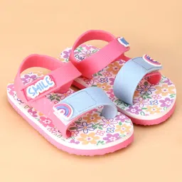 Babyoye Velcro Closure Sandals With Floral Print & Rainbow Applique - Pink & Light Blue image 2