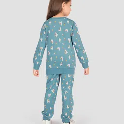 TRESNOVA Cotton Knit Full Sleeves Hello Text Printed Coordinating Antimicrobial Night Suit Set - Teal Blue image 3