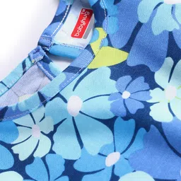 Babyhug Cotton Knit Frill Sleeves Nighty With Frill Detailing And Floral Print - Blue image 3