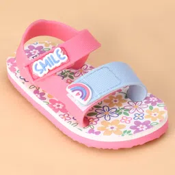 Babyoye Velcro Closure Sandals With Floral Print & Rainbow Applique - Pink & Light Blue image 3