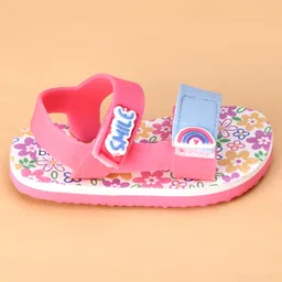 Babyoye Velcro Closure Sandals With Floral Print & Rainbow Applique - Pink & Light Blue image 4