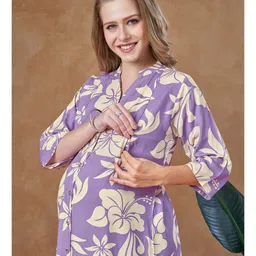 Lovely Mom's Rayon Woven Three Fourth Sleeves Floral Printed Maternity Dress With Nursing Access - Lavender image 5