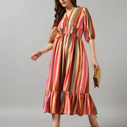 Femvy Women Striped Puff Sleeve Tiered Fit & Flare Midi Dress-picture-30