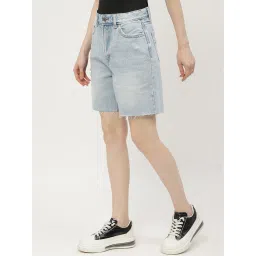 MADAME Light Blue Cotton Regular Fit Shorts image 3