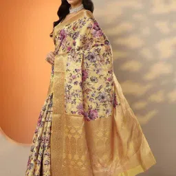 Libas Yellow Floral Print Saree With Unstitched Blouse image 3