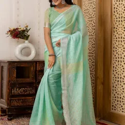 Satrani Green Cotton Blend Printed Saree With Unstitched Blouse image 3