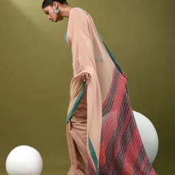 CHARUKRITI Beige Cotton Saree With Unstitched Blouse image 3