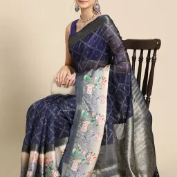 Silk Land Navy Silk Printed Saree With Blouse image 3
