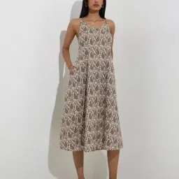 Utsa by Westside Taupe Paisley Printed Cotton A-Line Dress-picture-21