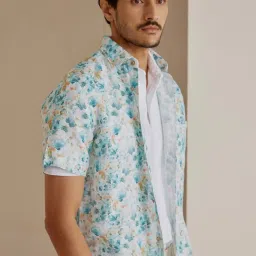 ANDAMEN Blue Slim Fit Printed Linen Shirt image 3