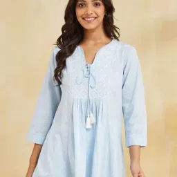 Fabindia Blue Cotton Regular Fit Embroidered Tunic-picture-16