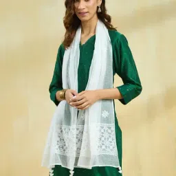Fabindia White Cotton Silk Chikankari Stole-image-0