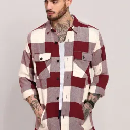 SHOWOFFFF Maroon Cotton Regular Fit Checks Shacket image 2