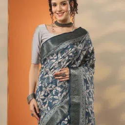 Libas Blue Floral Print Saree With Unstitched Blouse image 4