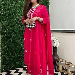 Navlik Floral Embroidered Thread Work Chanderi Silk Straight Kurta With Trousers & Dupatta image 2