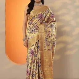 Libas Yellow Floral Print Saree With Unstitched Blouse-picture-26