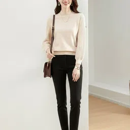 HERE&NOW Women Cream Solid Long Sleeves Sweaters-picture-30