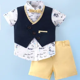 ToffyHouse 100% Cotton Woven Half Sleeves Shirt & Shorts Set with Waistcoat Tropical Print - Yellow-picture-19