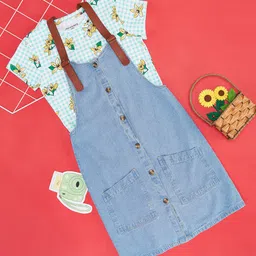 Pantaloons Junior Solid Dungaree With Half Sleeves Floral Printed Tee - Blue Indigo-picture-41