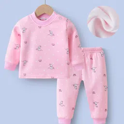 Kookie Kids Full SleevesWinter Wear T-Shirt & Lounge Pant Set with Bunny Print - Pink-picture-23