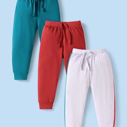 Babyhug Single Jersey Knit Full Length Taped Lounge Pants Pack of 3 - Dark Green Grey & Red-image-78