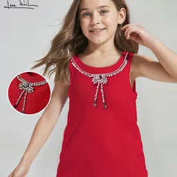 arias by lara dutta Arias Cotton Knit Sleeveless Solid Color Top With Embellishment on the Neck - Red-picture-27