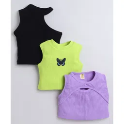 Aww Hunnie Cotton Rib Pack Of 3 Sleeveless Solid & Butterfly Patch Detailed Crop Tops - Black Green & Mauve-image-16