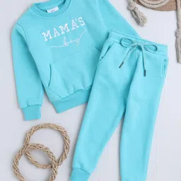 Knitting Doodles Fleece Woven Full Sleeves Mamas Boy Text Embroidered Winter Sweatshirt With Jogger Set - Turquoise-picture-24