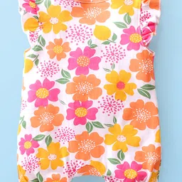 Babyhug 100% Cotton Knit Frill Sleeves Floral & Lemon Printed Romper - Multicolour image 2