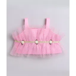 Many frocks & Satin Woven Sleeveless Floral Applique Detailed & Gota Lace Embellished Top & Palazzo Set - Pink image 3