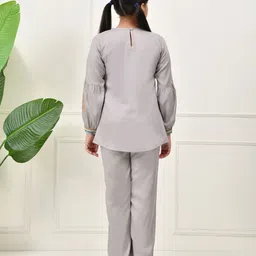 Bella Moda Cotton Woven Full Puffed Sleeves Floral Embroidered Top & Pant Set - Grey image 3