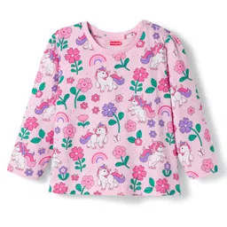 Babyhug Cotton Knit Full Sleeves Co-ords Night Suit With Unicorn Print - Light Pink image 2