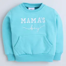 Knitting Doodles Fleece Woven Full Sleeves Mamas Boy Text Embroidered Winter Sweatshirt With Jogger Set - Turquoise image 3