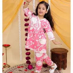 AJ Dezines Cotton Woven Three Fourth Sleeves Floral Printed Mirror Work Detailed Coordinating Kurti Pant Set - Pink image 4