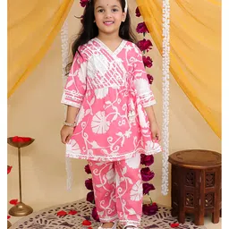 AJ Dezines Cotton Woven Three Fourth Sleeves Floral Printed Mirror Work Detailed Coordinating Kurti Pant Set - Pink image 5