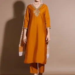 Jaipur Kurti Mustard Embroidered Kurta With Pant & Dupatta-image-38