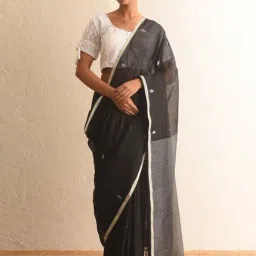 Jaypore Black Cotton Woven Jamdani Saree-image-0