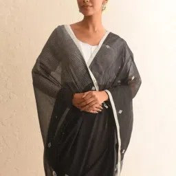 Jaypore Black Cotton Woven Jamdani Saree image 4
