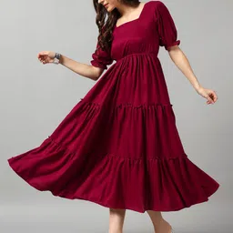 Raiyani Enterprise Women Puff Sleeve Square-Neck Tiered Fit & Flare Dress-image-7