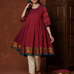 Fabindia Wine Cotton Woven Pattern Flared Kurta-image-32