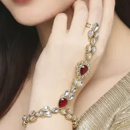 Oomph Red Stones & Kundan Ethnic Statement Hand Harness-image-82
