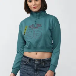 Forever 21 Teal Printed Crop Sweatshirt-image-2